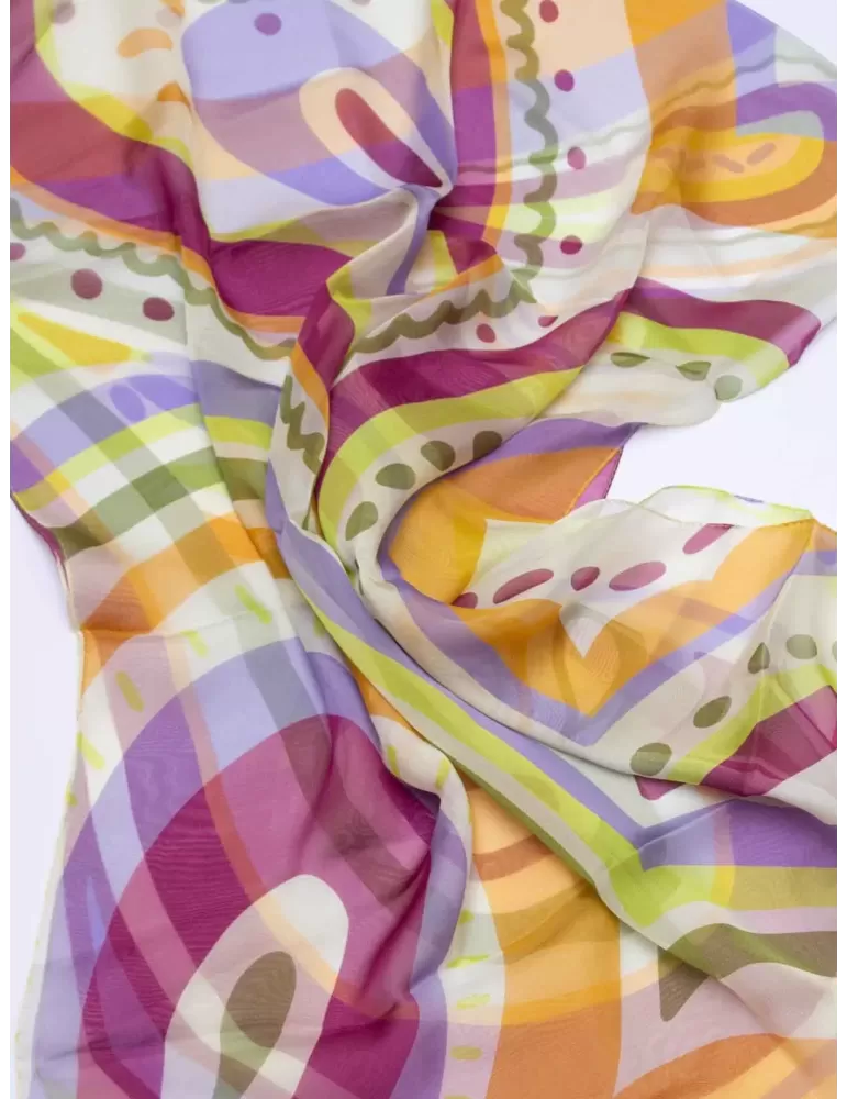 Orange green brown pattern printed pure silk scarf
