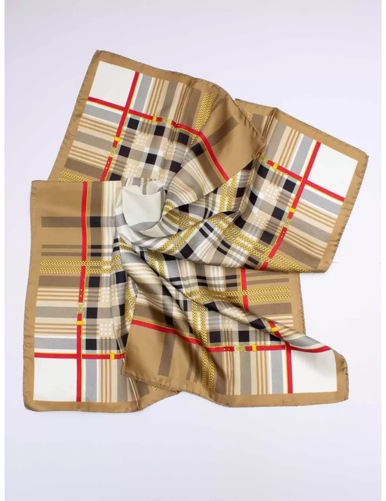 Beige black and red tartan twill silk satin foulard scarf