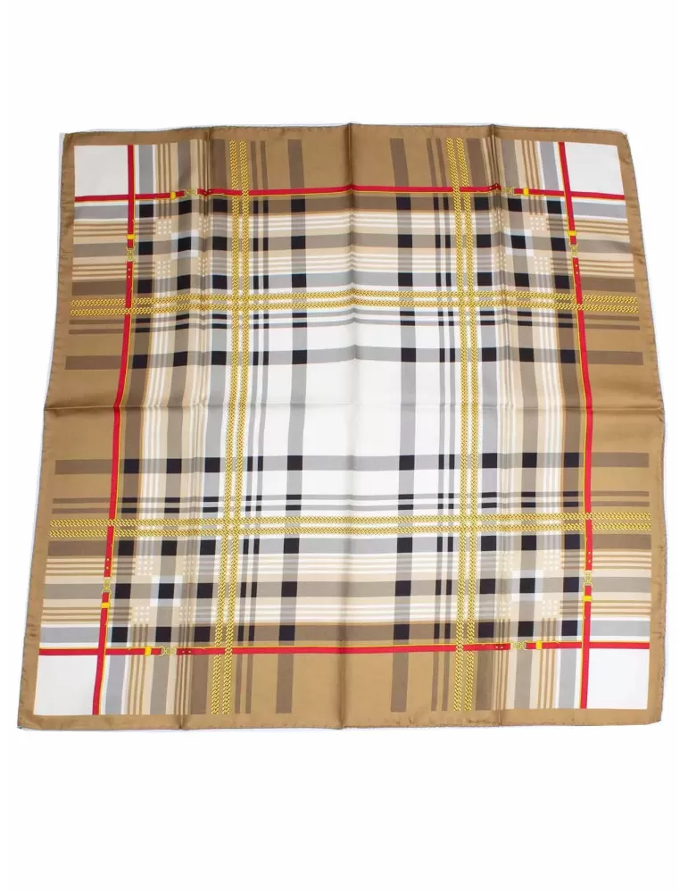 Beige black and red tartan twill silk satin foulard scarf Beige black and red tartan twill silk satin foulard scarf