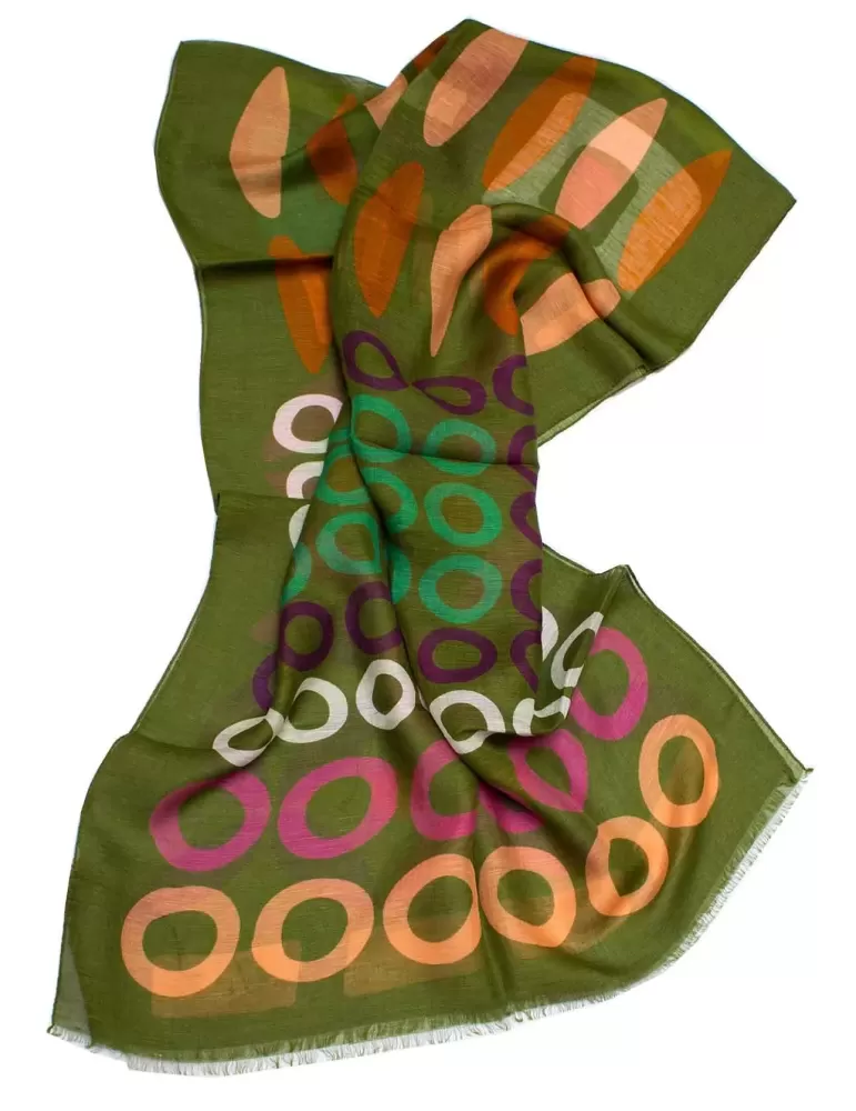 Nicki Colombo green and safari colors printed silk flax scarf