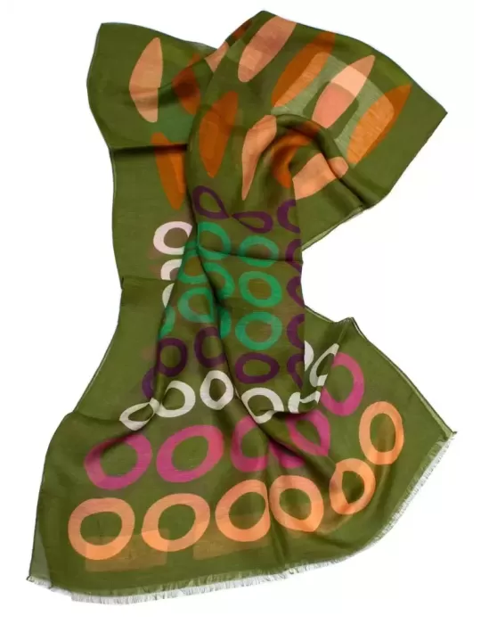Nicki Colombo green and safari colors printed silk flax scarf