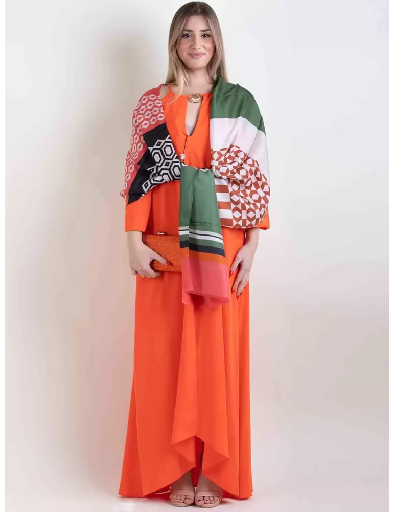 Nicki Colombo | Orange green brown pattern printed pure silk scarf