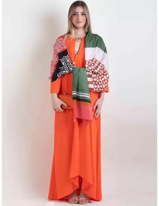 Orange green brown pattern printed pure silk scarf