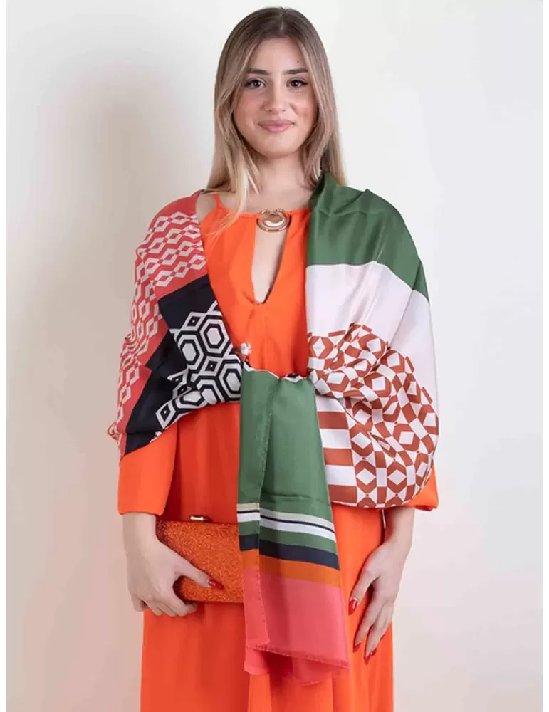 Orange green brown pattern printed pure silk scarf