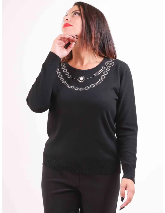 Piero Moretti A/I | Maglia nera V con strass pura lana fino alla 58