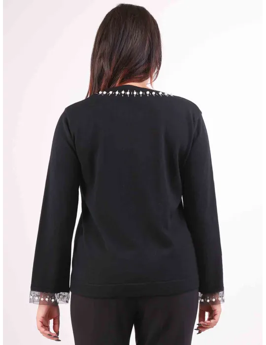 Francesca Mercuriali | Black merino wool sweater pearls and crystals