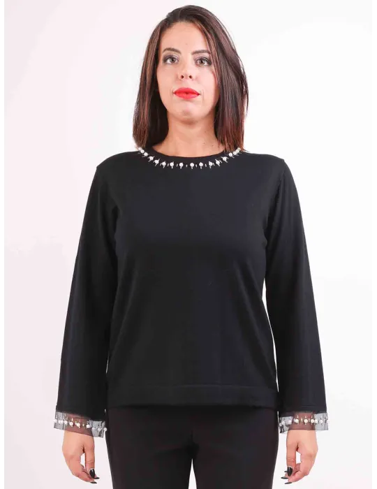Francesca Mercuriali | Black merino wool sweater pearls and crystals Francesca Mercuriali | Black merino wool sweater pearls and crystals