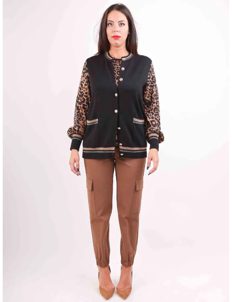 Piero Moretti Black wool and silk animal printed two pieces twinset