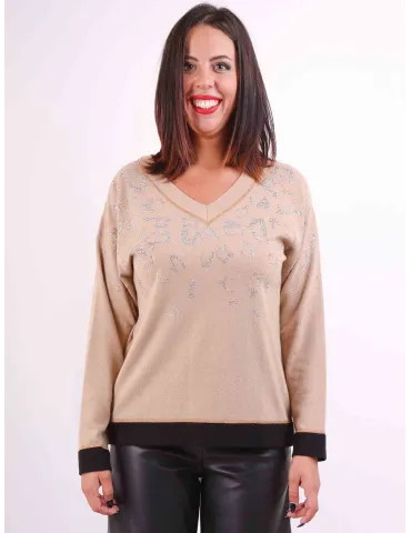 Piero Moretti  | Maglia lana e cashmere beige strass diseg. maculato