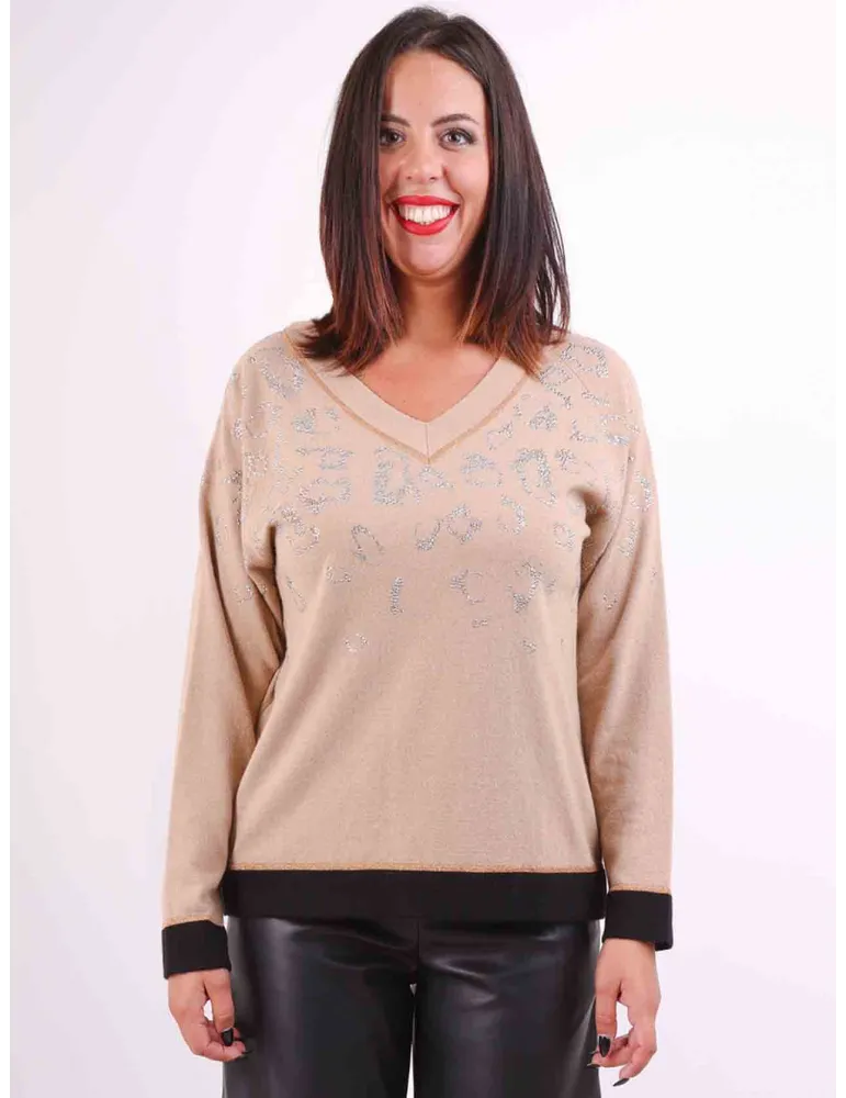 Piero Moretti  | Maglia lana e cashmere beige strass diseg. maculato