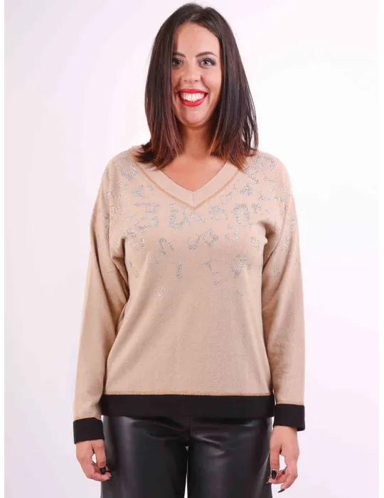 Beige wool sweater with rhinestones animal spotted design Beige wool sweater with rhinestones animal spotted design