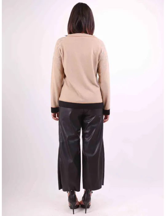 Beige wool sweater with rhinestones animal spotted design