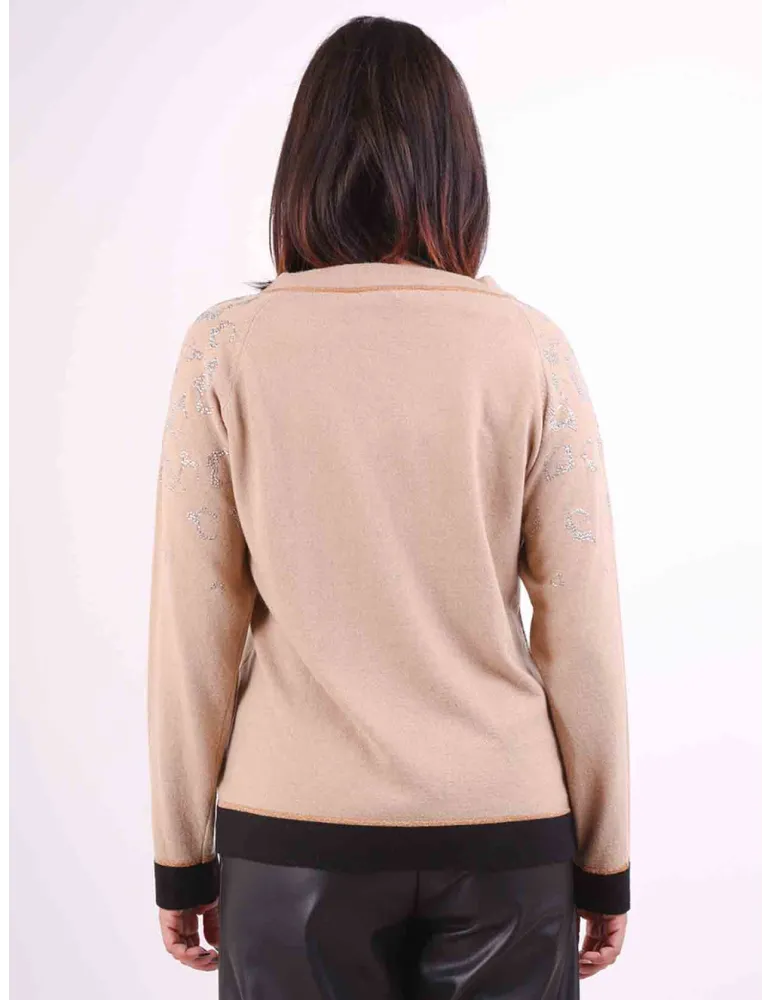 Piero Moretti  | Maglia lana e cashmere beige strass diseg. maculato