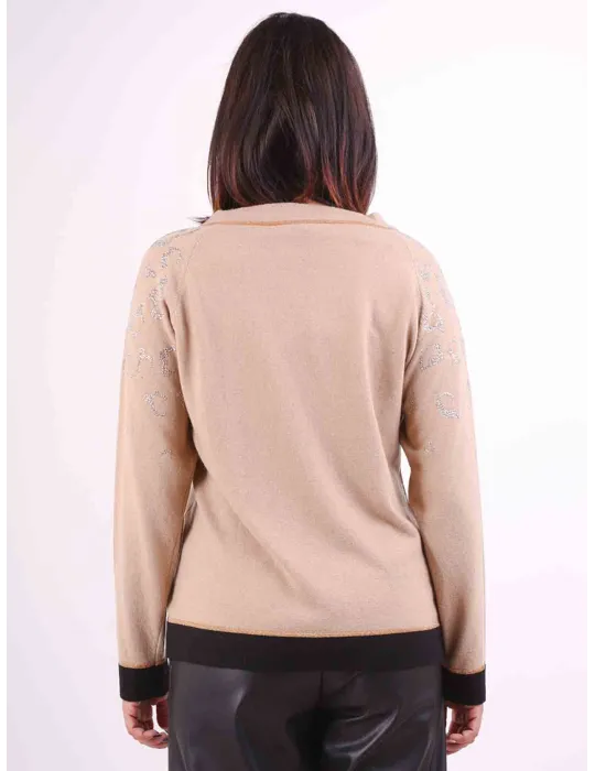 Beige wool sweater with rhinestones animal spotted design