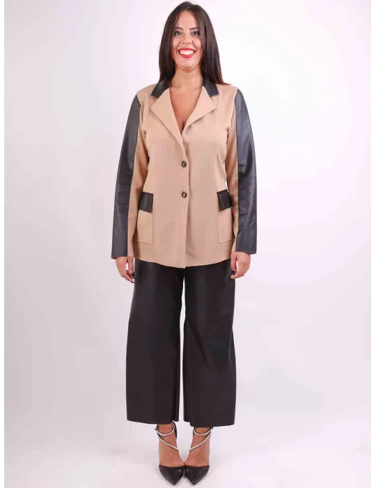 Piero Moretti camel wool male jacket for ladies black leather patchs