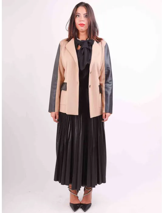 Piero Moretti camel wool male jacket for ladies black leather patchs