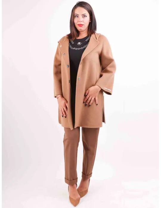 Piero Moretti | Camel wool coat cape hooded coat long zipped jacket