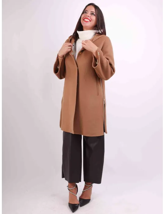 Piero Moretti | Camel wool coat cape hooded coat long zipped jacket