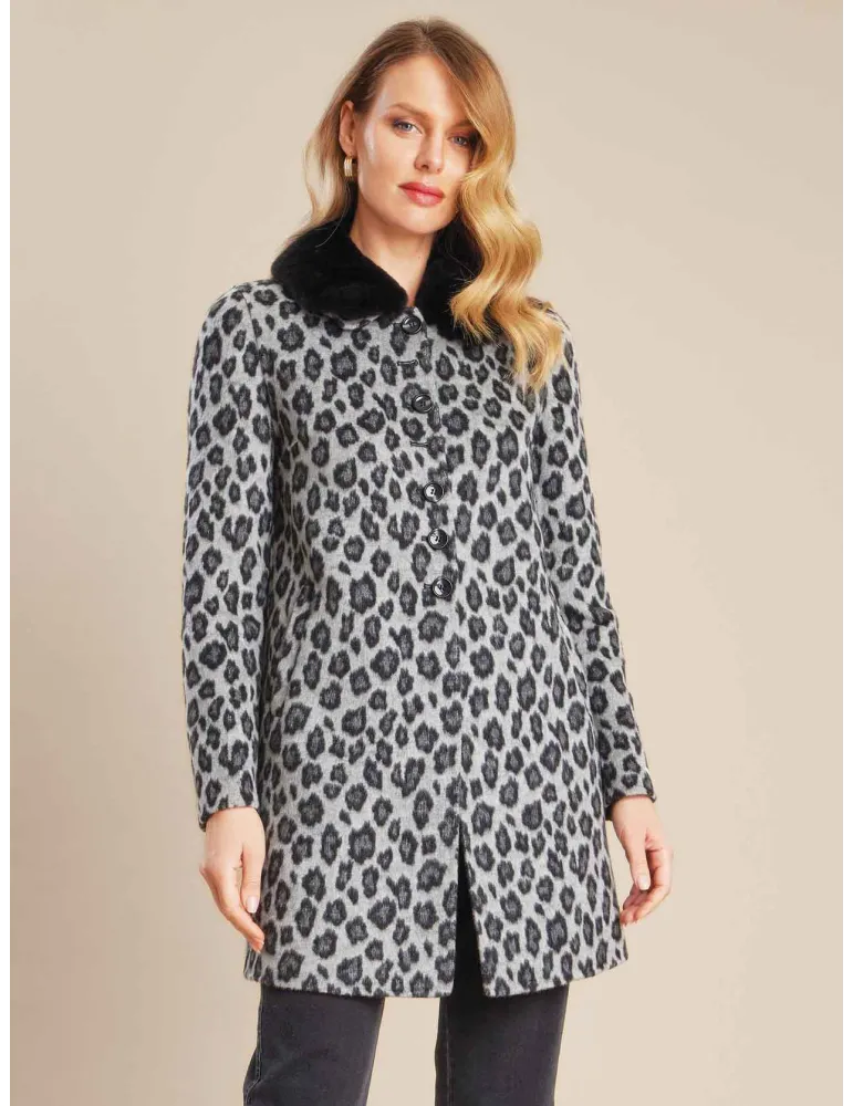 Piero Moretti grey and black animal printed coat fur neck for ladies Piero Moretti grey and black animal printed coat fur neck for ladies