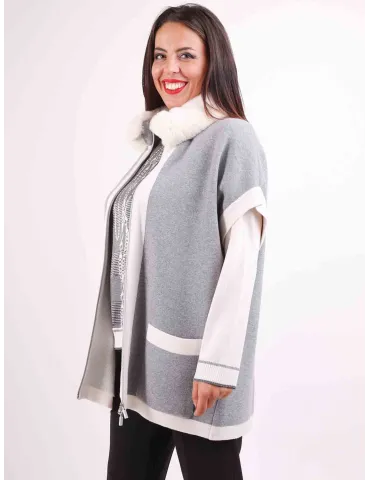 Piero Moretti Gilet lungo con pelliccia in lana double grigio e beige 2