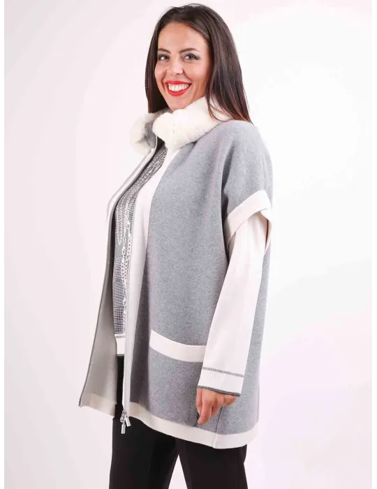 Piero Moretti Gilet lungo con pelliccia in lana double grigio e beige