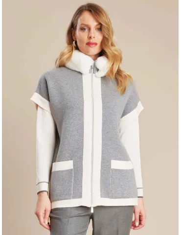 Piero Moretti Gilet lungo con pelliccia in lana double grigio e beige