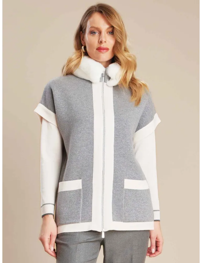 Piero Moretti | White and grey double wool waistcoat with fur collar Piero Moretti | White and grey double wool waistcoat with fur collar