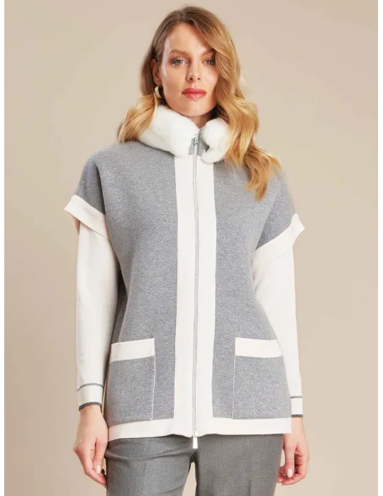 Piero Moretti Gilet lungo con pelliccia in lana double grigio e beige Piero Moretti Gilet lungo con pelliccia in lana double grigio e beige