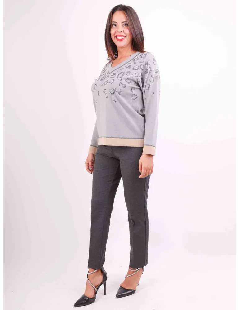 Grey wool sweater with rhinestones animal spotted design