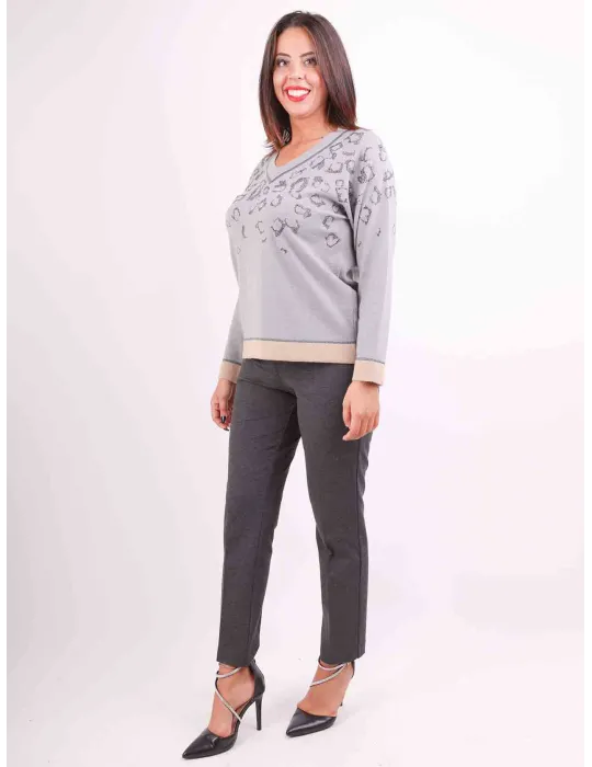 Piero Moretti | Maglia lana e cashmere grigia strass diseg. maculato