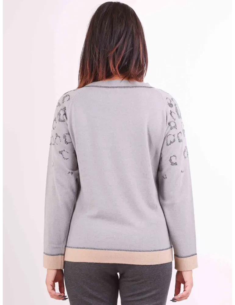 Piero Moretti  | Maglia lana e cashmere grigia strass diseg. maculato