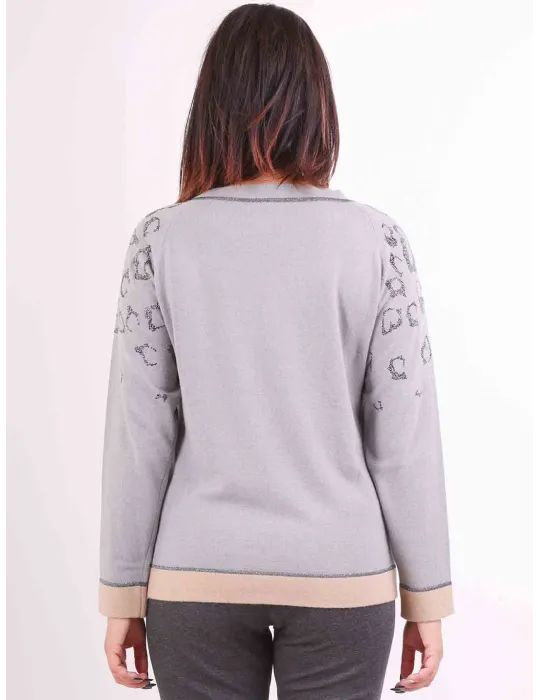 Piero Moretti | Maglia lana e cashmere grigia strass diseg. maculato