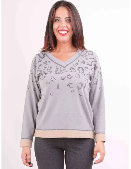 Piero Moretti | Maglia lana e cashmere grigia strass diseg. maculato