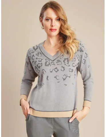 Grey wool sweater with rhinestones animal spotted design