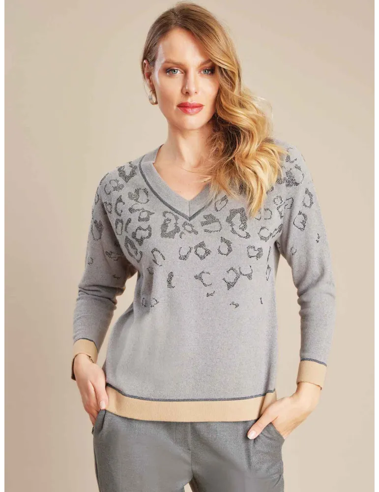 Grey wool sweater with rhinestones animal spotted design Grey wool sweater with rhinestones animal spotted design