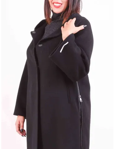 Piero Moretti | Black wool coat cape hooded coat long zipped jacket 2