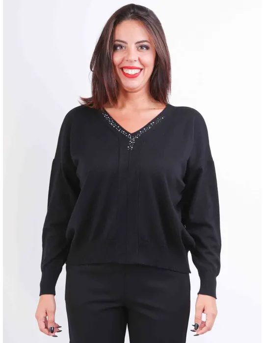 Francesca Mercuriali | Maglia nera V con strass pura lana fino alla 58 Francesca Mercuriali | Maglia nera V con strass pura lana fino alla 58