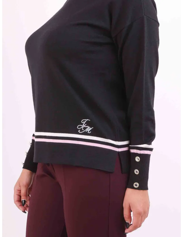 Francesca Mercuriali | Plus size merino wool black sweater pink lines