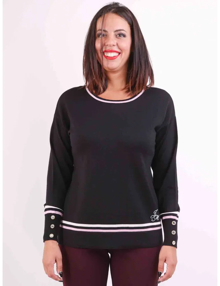 Francesca Mercuriali | Maglia nera pura lana profili rosa fino alla 56 Francesca Mercuriali | Maglia nera pura lana profili rosa fino alla 56