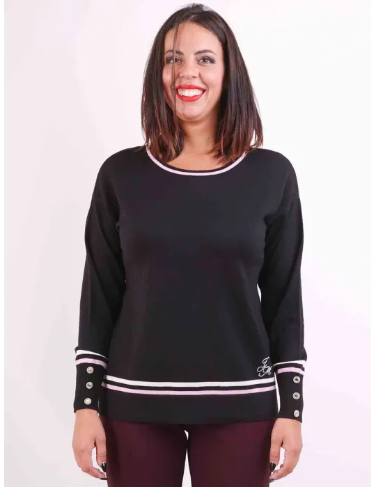 Francesca Mercuriali | Plus size merino wool black sweater pink lines Francesca Mercuriali | Plus size merino wool black sweater pink lines