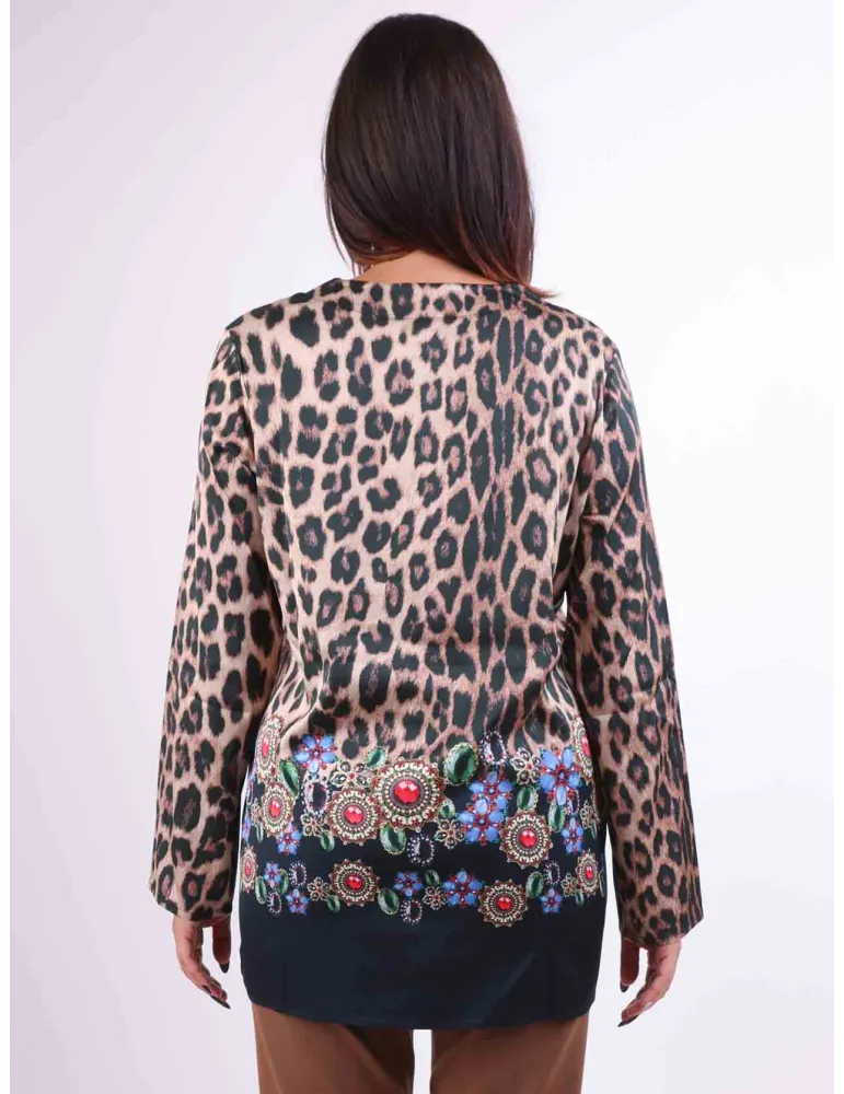 Mercuriali animal spots and jewels printed silk blouse shirt