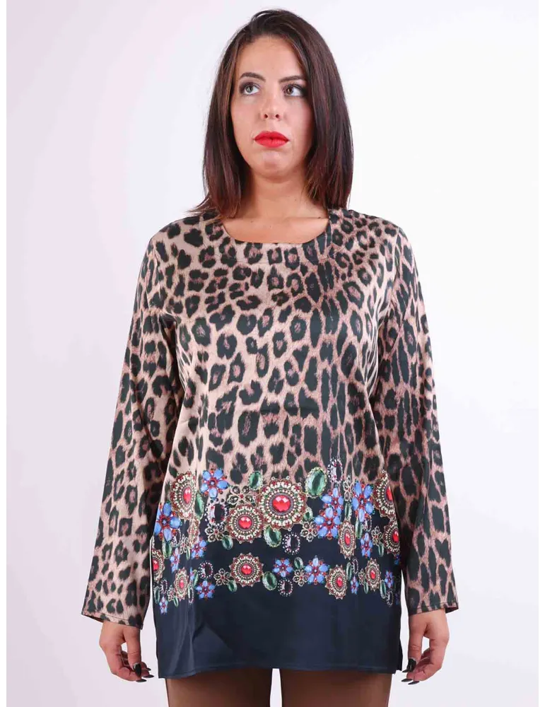 Casacca in raso di viscosa animalier e gemme Francesca Mercuriali Casacca in raso di viscosa animalier e gemme Francesca Mercuriali