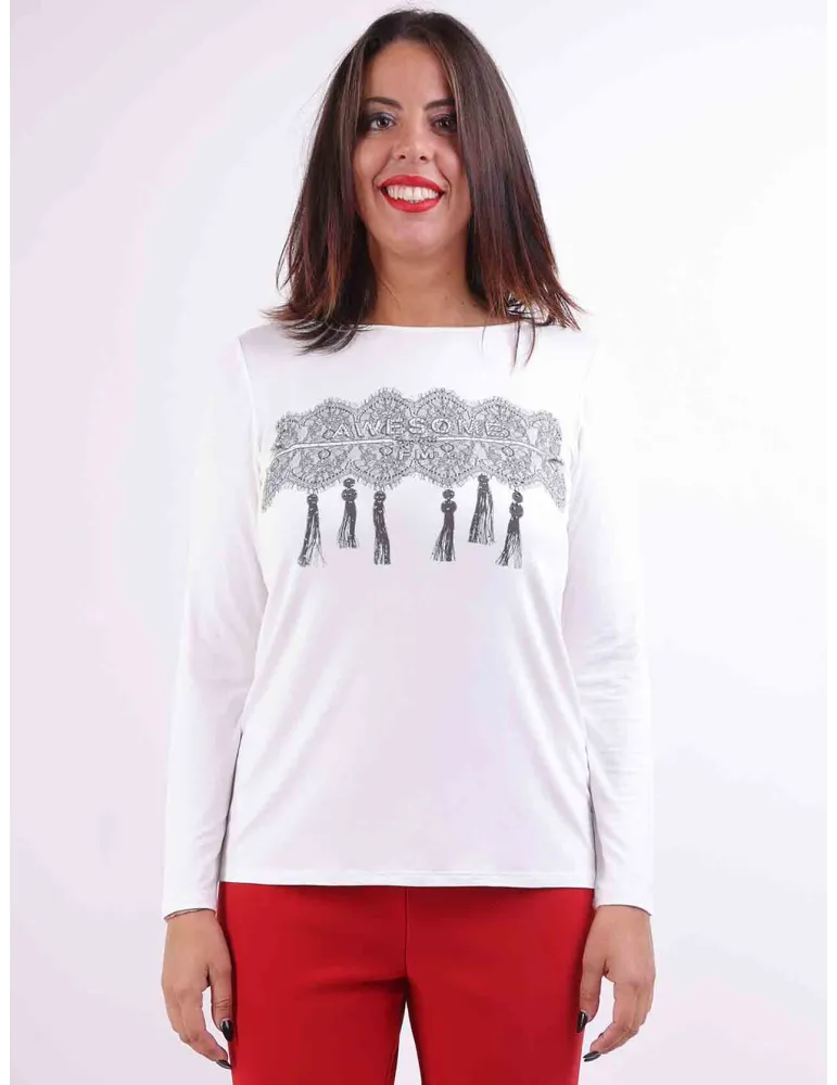 Francesca Mercuriali | Plus size white t-shirt with lace and rhinestones Francesca Mercuriali | Plus size white t-shirt with lace and rhinestones