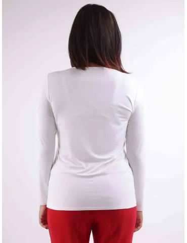 Milky white t-shirt with shiny rhinestones and printed lace 2