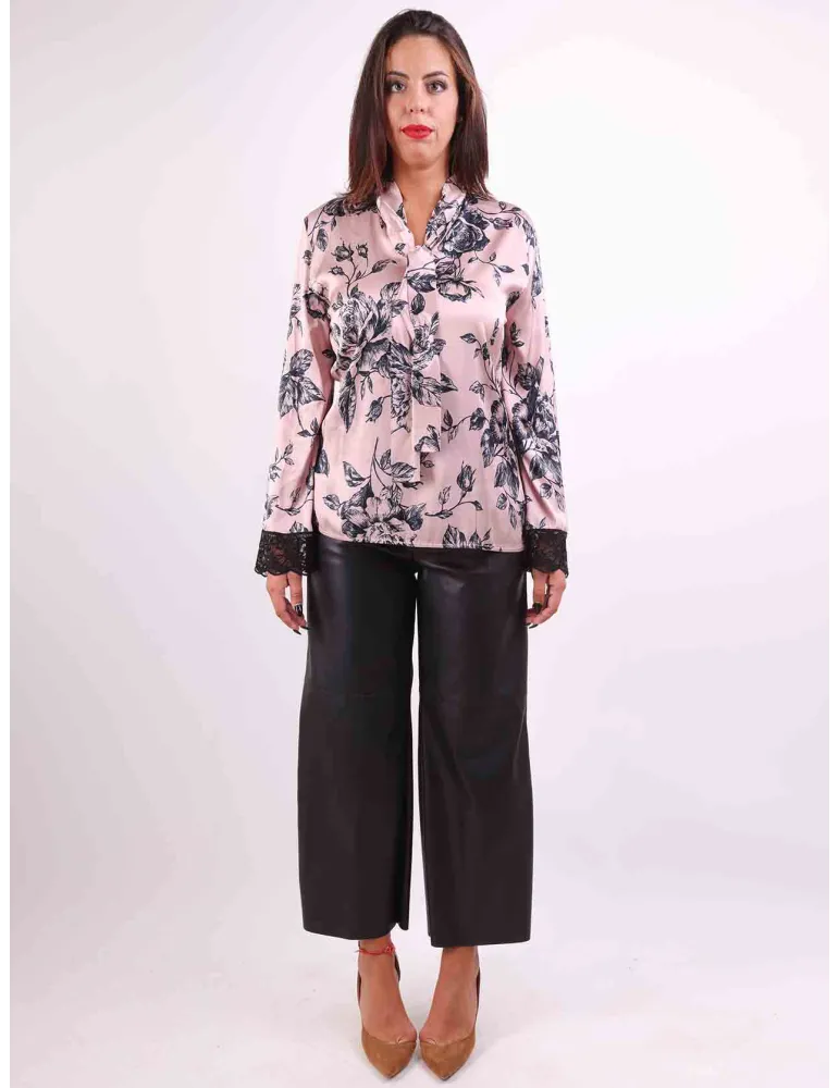 Francesca Mercuriali 2025 | Pink floral silk blouse shirt with lace