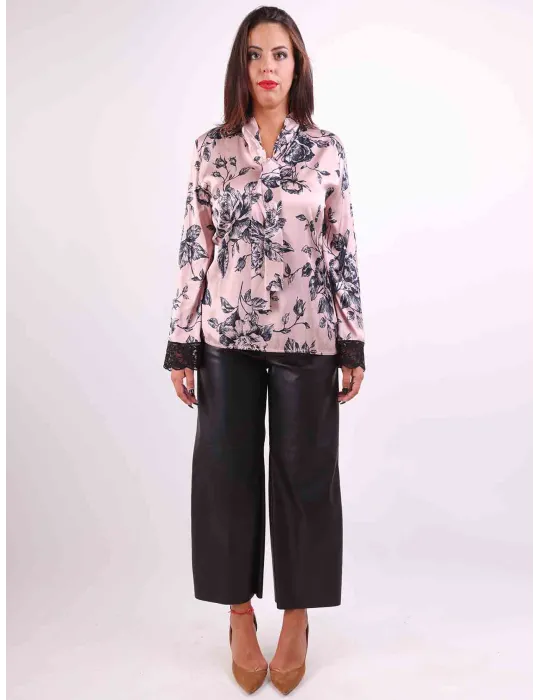 Camicia floreale in raso rosa e nero con pizzo Mercuriali fino alla 58