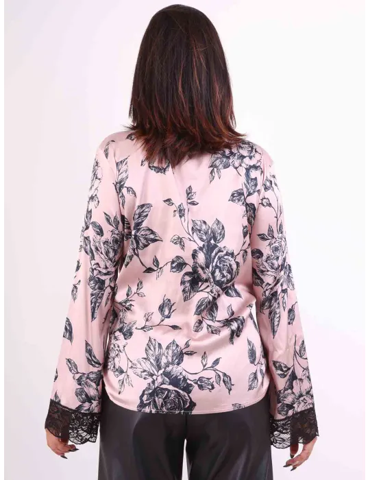 Camicia floreale in raso rosa e nero con pizzo Mercuriali fino alla 58