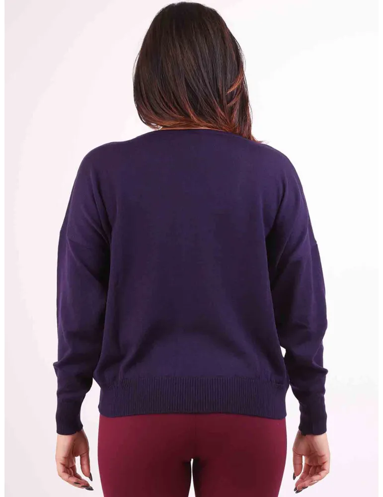 Purple merino wool sweater with shiny rhinestones