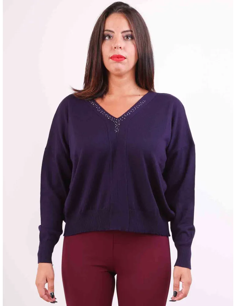 Purple merino wool sweater with shiny rhinestones