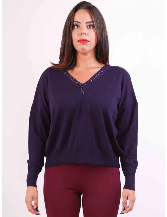 F.sca Mercuriali | Maglia viola con strass in lana merino fino alla 56